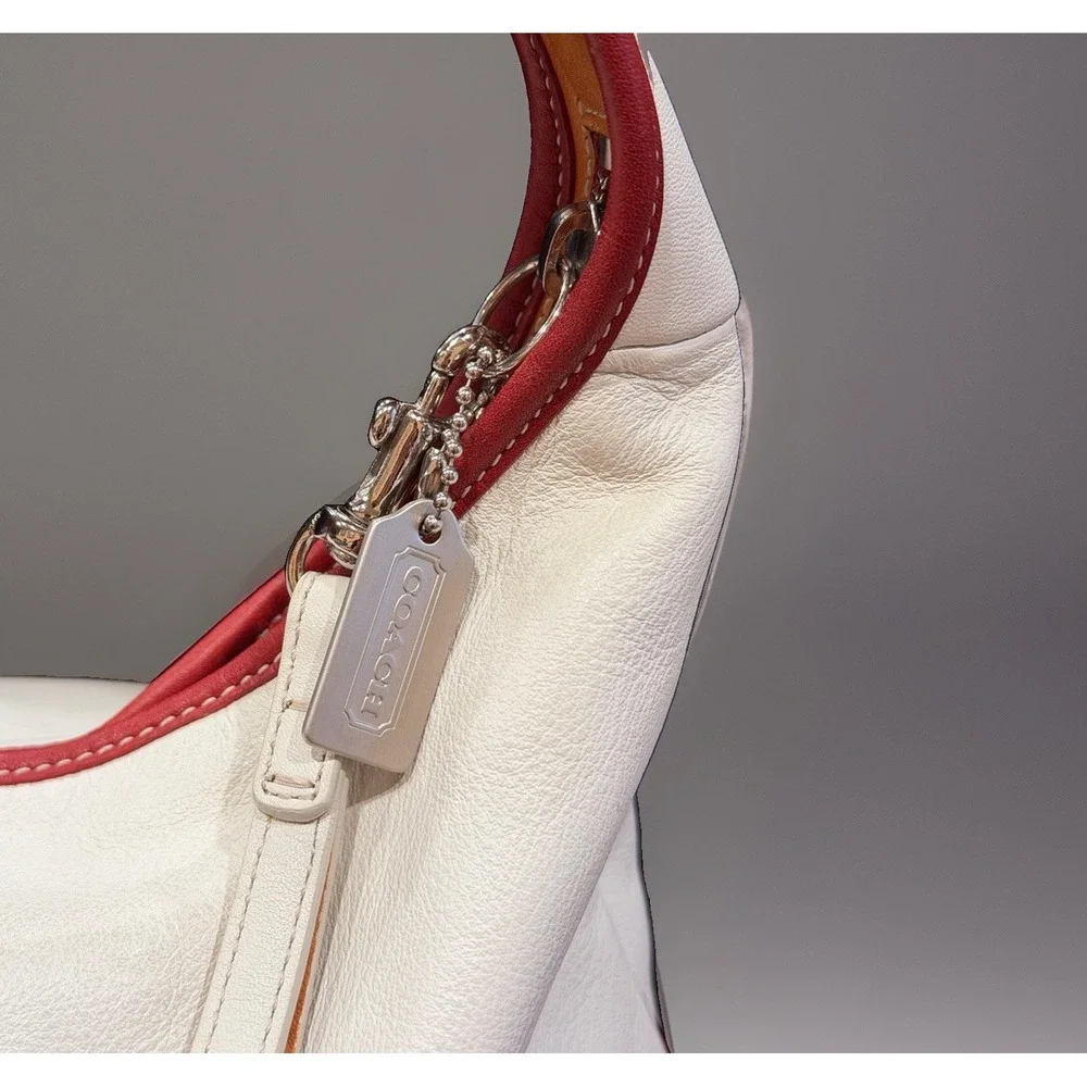 Vintage Coach 9294 Ergo Hobo Leather One Shoulder Bag White Red Silver Hardware
